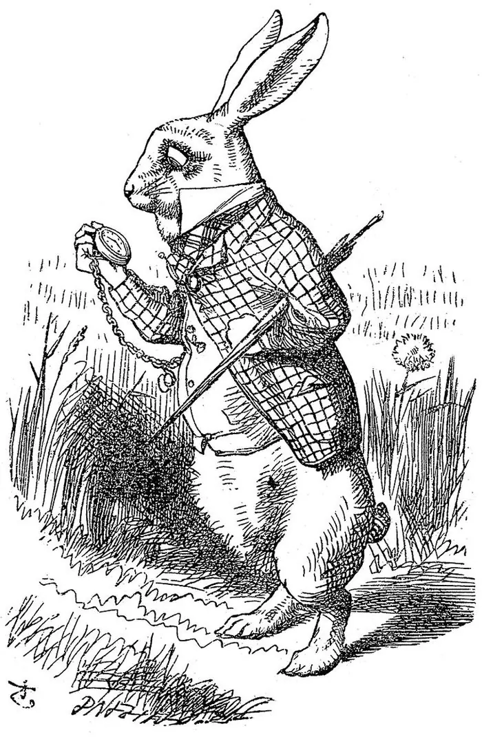 The White Rabbit, standing upright in the grass in a checked coat and waistcoat, an umbrella under one arm and a watch held up in the other hand.