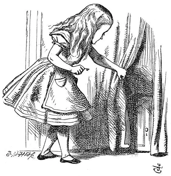 Alice holding back a heavy curtain she has just pulled aside, and behind it a small low door she had not been able to see.