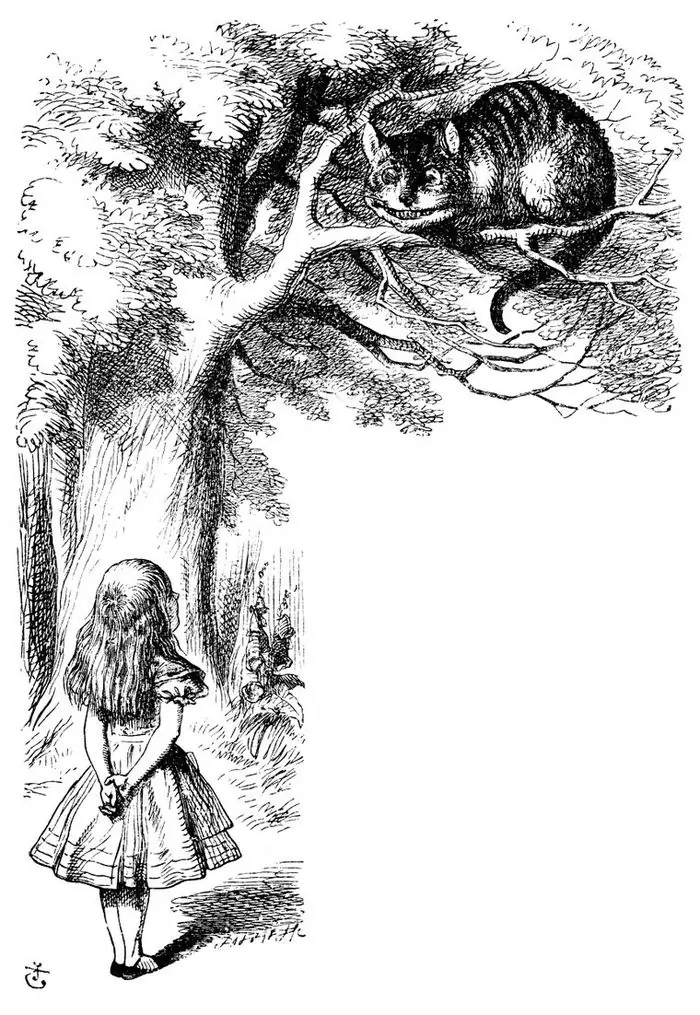 A cat stretched along a high bough with a wide grin on it, and at the foot of the tree, very small, Alice looking up.