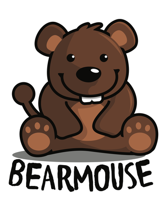 A cartoon bear sitting up and smiling, with a bear's round ears and brown fur but a mouse's two buck teeth and a long thin mouse tail curling up behind it. Under it, in black capitals: BEARMOUSE.