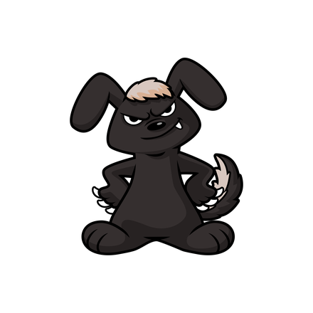 A dark grey cartoon rabbit standing with its hands on its hips and a fierce frown, with long rabbit ears, a badger's white stripe on its forehead and a short badger tail tipped with white.