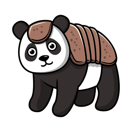 A cartoon panda standing on all fours, black and white, with an armadillo's banded brown plates over its back and a plated cap on its head.