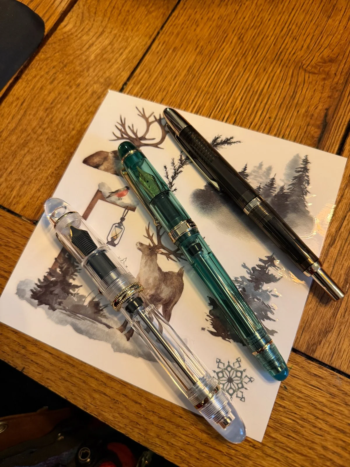 See-through fountain pens on a card painted with a reindeer, a bullfinch on a post, a hanging lantern and snowy pines: one perfectly clear with gold trim, one teal-green with gold trim, and one smoky grey with silver trim.