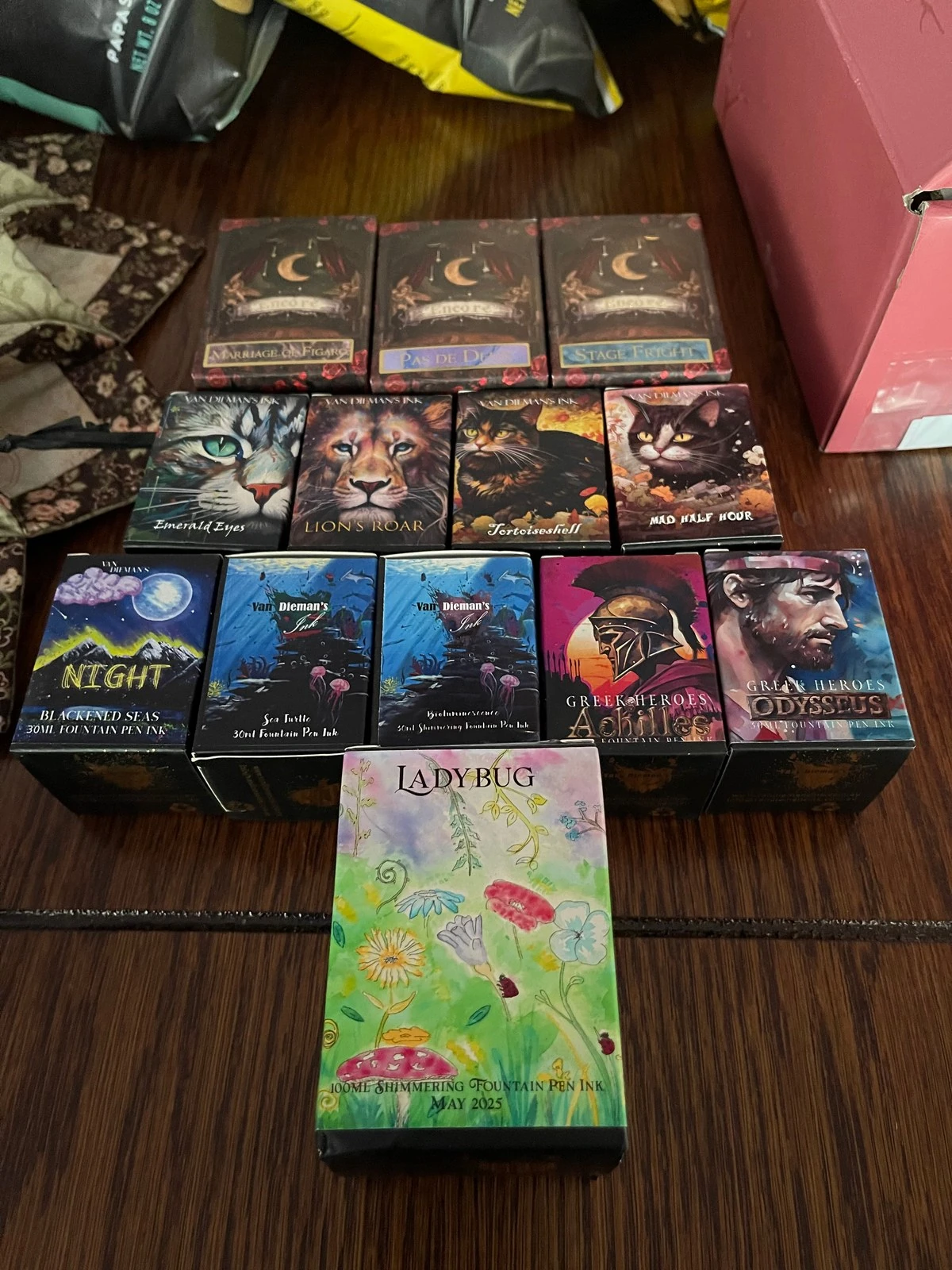 Boxes of fountain pen ink in rows on a dark wooden table, each one painted: a crescent moon over a stage, cats with green and yellow eyes, a lion, a night sky, a reef, Greek heroes in helmets, and a flower meadow reading LADYBUG.