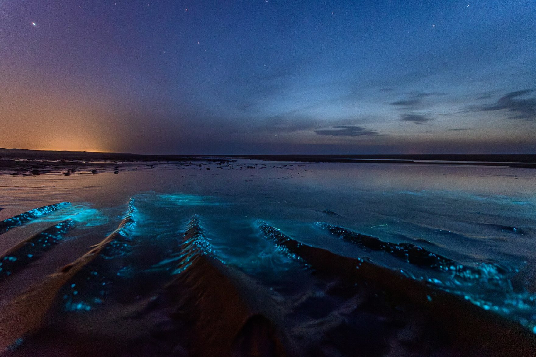 Sea sparkle lighting up blue along the wet sand and the edges of the waves on Norderney, an island off Germany's North Sea coast, as the last light goes.