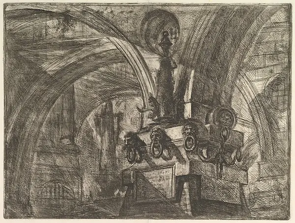 A colossal stone pier under a vault, with a small hanging lamp on a bracket about a third of the way up and tiny figures on the walkways below it.