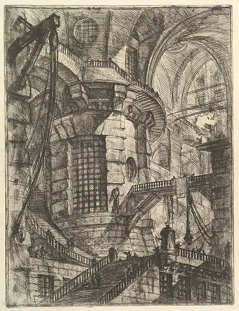 The inside of an enormous round tower, ringed with galleries and crossed by beams, staircases climbing out of shot in several directions at once.