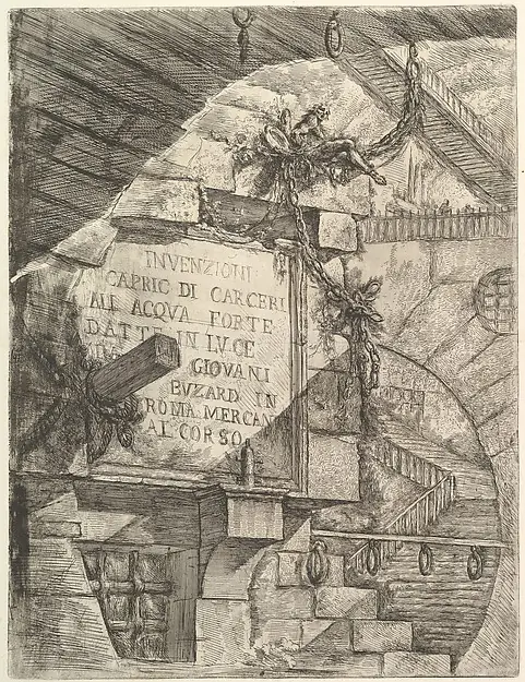 The title plate of a set of imaginary prisons: a vast vaulted hall in etched line, with a scrolled cartouche hanging in the middle of it and stairs disappearing at every edge.