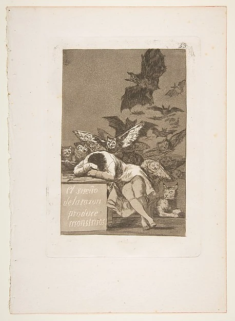 A man slumped asleep across his writing desk while owls and bats boil up out of the dark behind him; a lynx lies awake at his feet, watching.