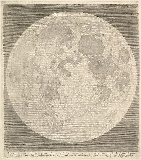 The full moon, engraved so finely that the craters read as pitted skin. The whole disc is lit and the edge is ragged with shadow.