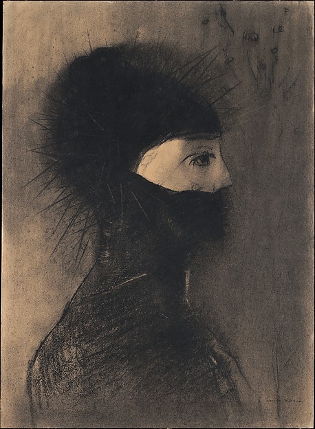 A profile in deep charcoal — a head in a plumed helmet, the face barely emerging from the black, everything soft and nothing sharp.