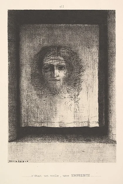 A lithograph in which a pale veiled shape stands against a dark, grainy ground; the figure is legible and the face is not.