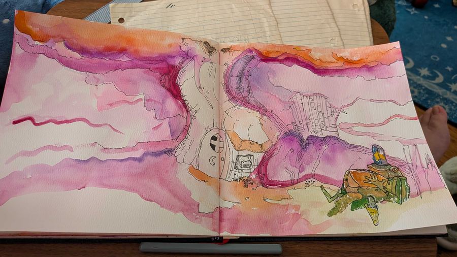 Two-page fantasy watercolor landscape by Treebeard