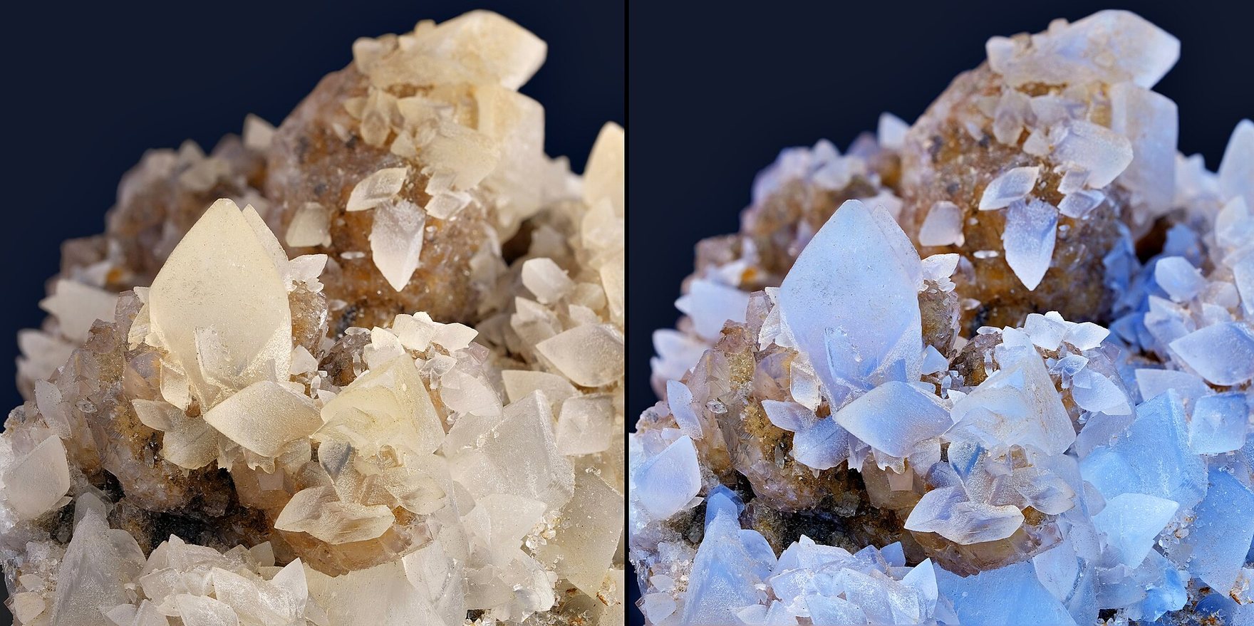 The same cluster of pale crystals photographed twice, side by side: in daylight, and under UV light, where they glow blue.