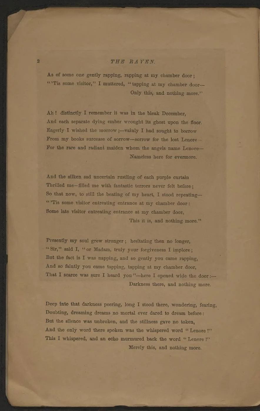 A foxed page of an old book headed THE RAVEN, carrying four stanzas of the poem in a small serif type, each stanza ending with a short line set far to the right.