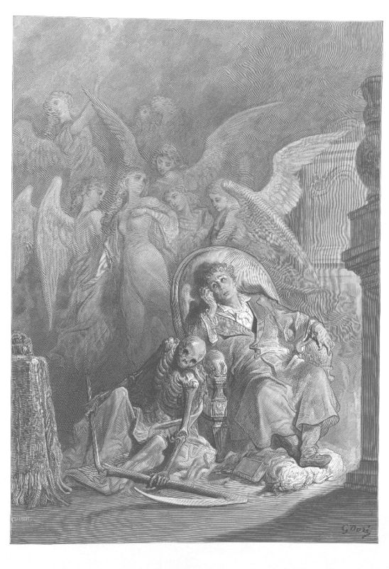 A press of winged figures fills the picture around a reclining woman; among them a man clutches at his own face.