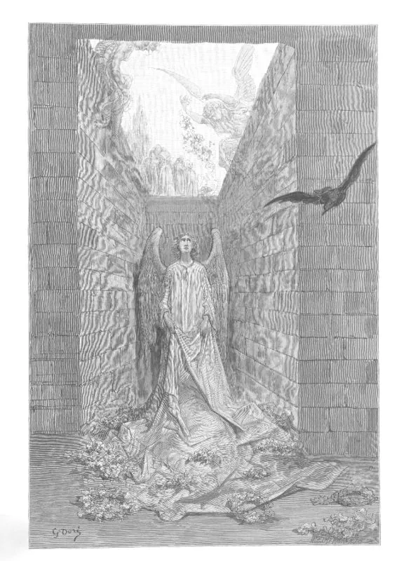 A narrow shaft of stone walls open to a bright sky. A pale winged figure stands at the bottom of it with head bowed, and a bird drops down the shaft towards her.