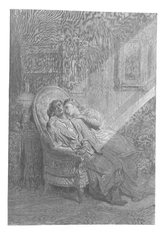 A man and a woman sit together in one deep armchair in a shadowed room hung with heavy fabric.