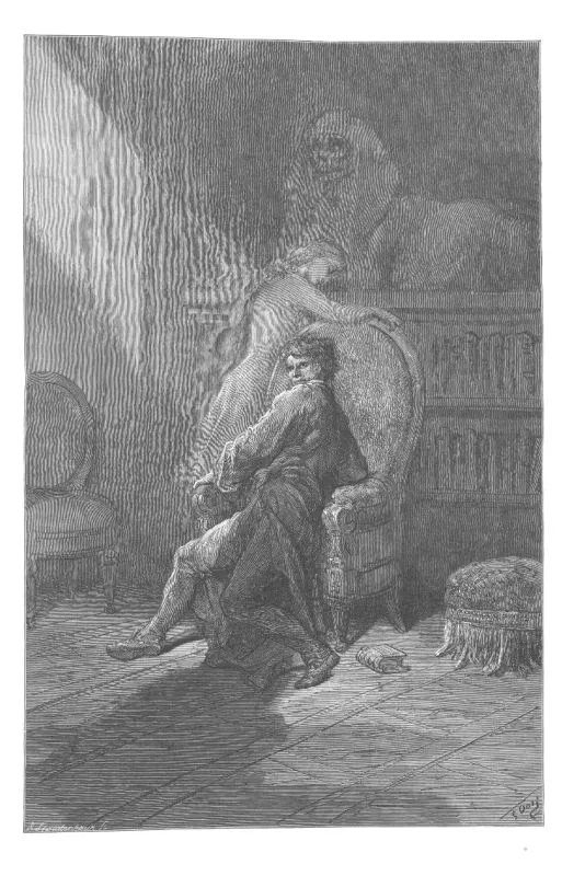 A man has fallen forward over the arm of a chair beside a carved chimneypiece; indistinct shapes gather in the dark above him.