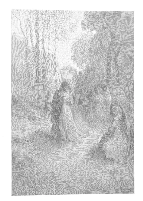 A woman stands in a bright clearing among trees, with other figures around her and light breaking down through the branches.