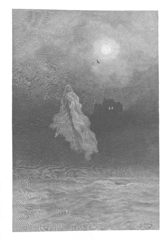 A pale figure drifts above a dark sea under a clouded moon; on the cliff beyond, a house with its windows lit.