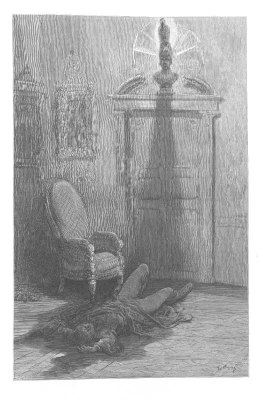 The raven still on the bust above the door. Below it a man lies face down on the floor of the room, and the chair beside him is empty.